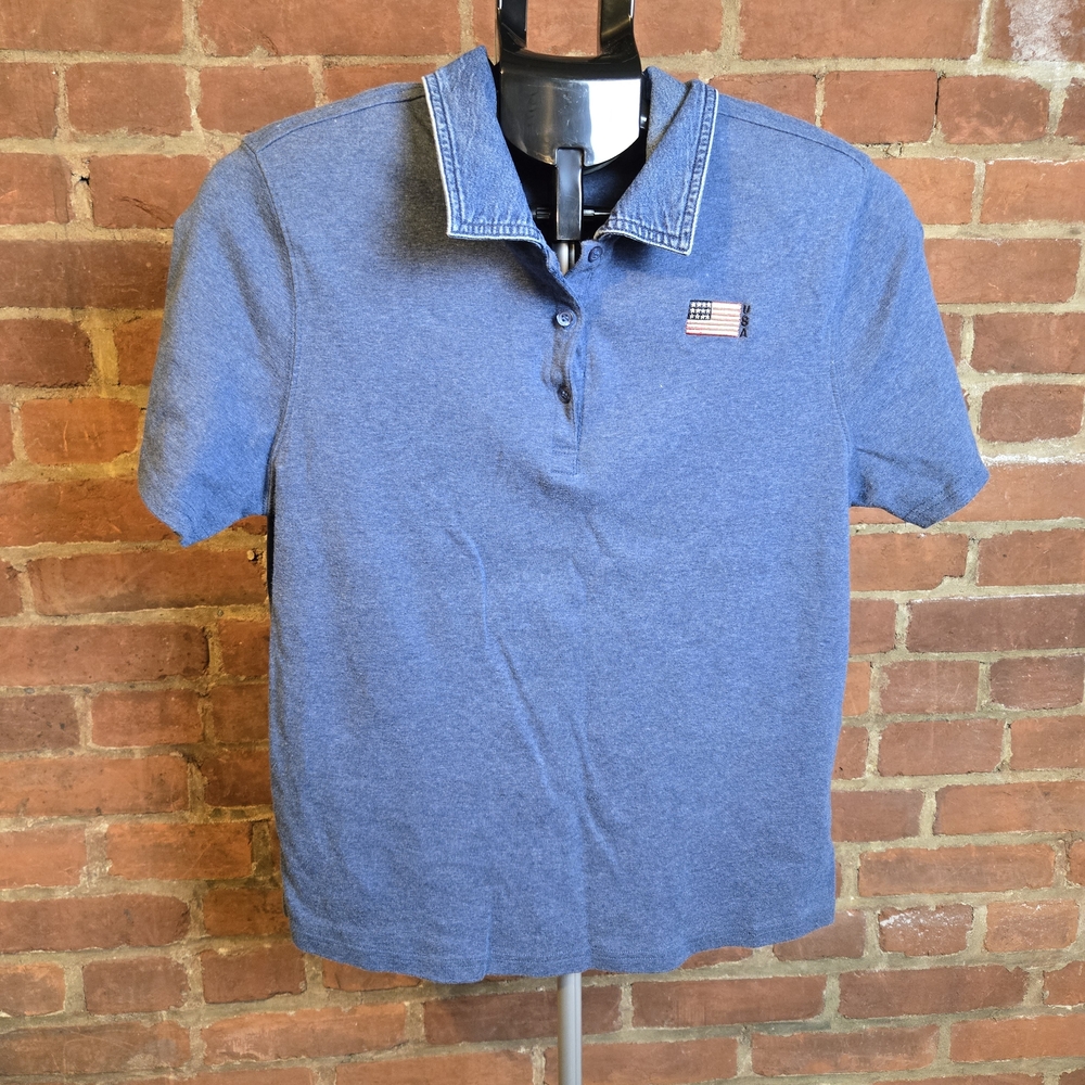 Karen Scott Sport Polo Shirt Womens Medium Blue USA Flag Short Sleeve Cotton